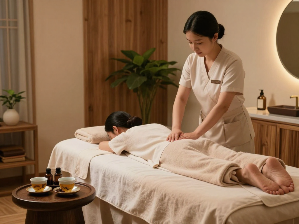 Relaxing spa lounge scene at mantra88 with herbal tea and soothing ambiance.
