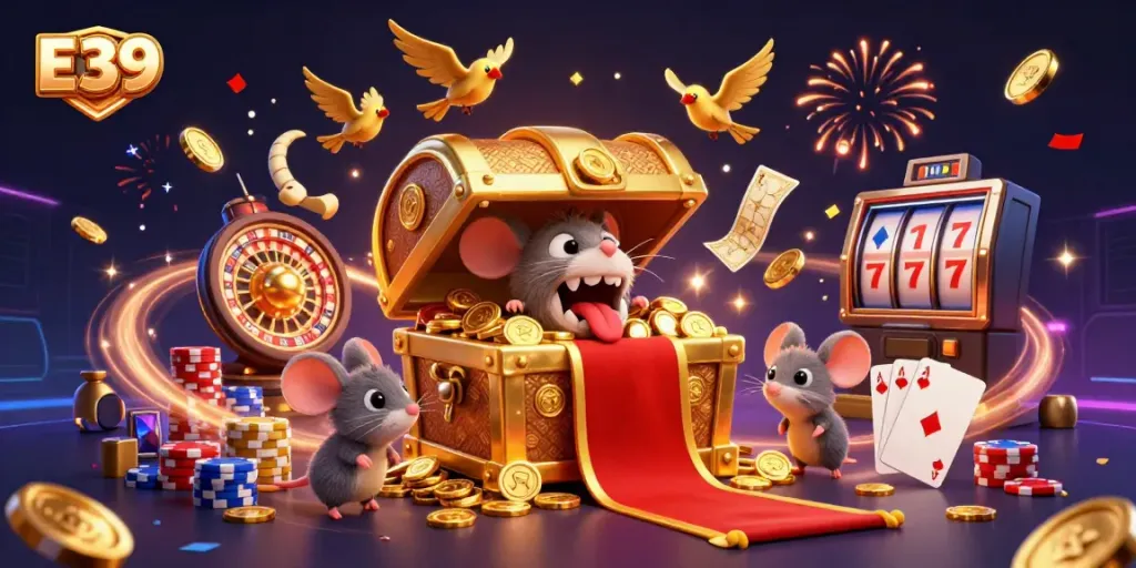 Engaging E39 casino scene with golden coins, treasures, and vibrant game elements for immersive gambling.