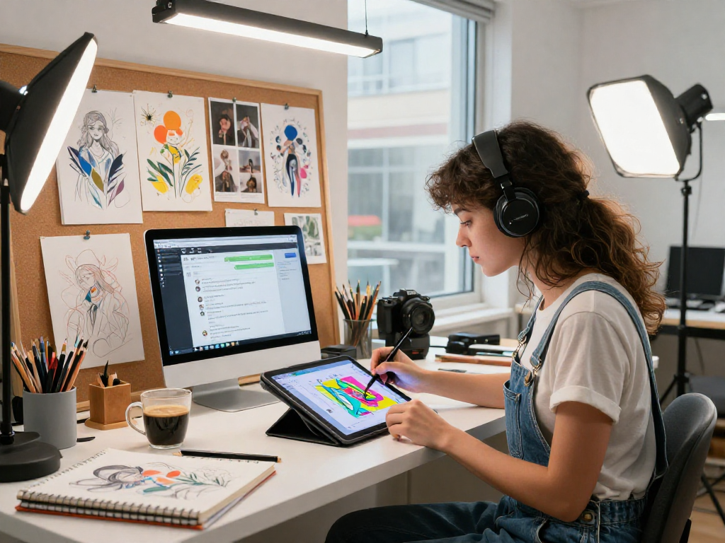 Creative artist working on an AI chat nsfw application in a vibrant digital art studio.