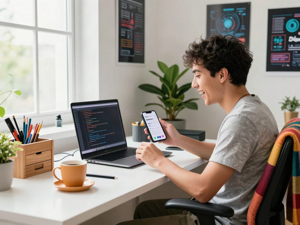 Individual interacting with the pikashow apk on a smartphone in a vibrant tech workspace.