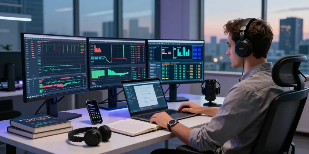 Trader using Metatrader VPS on multiple screens in a professional workspace.