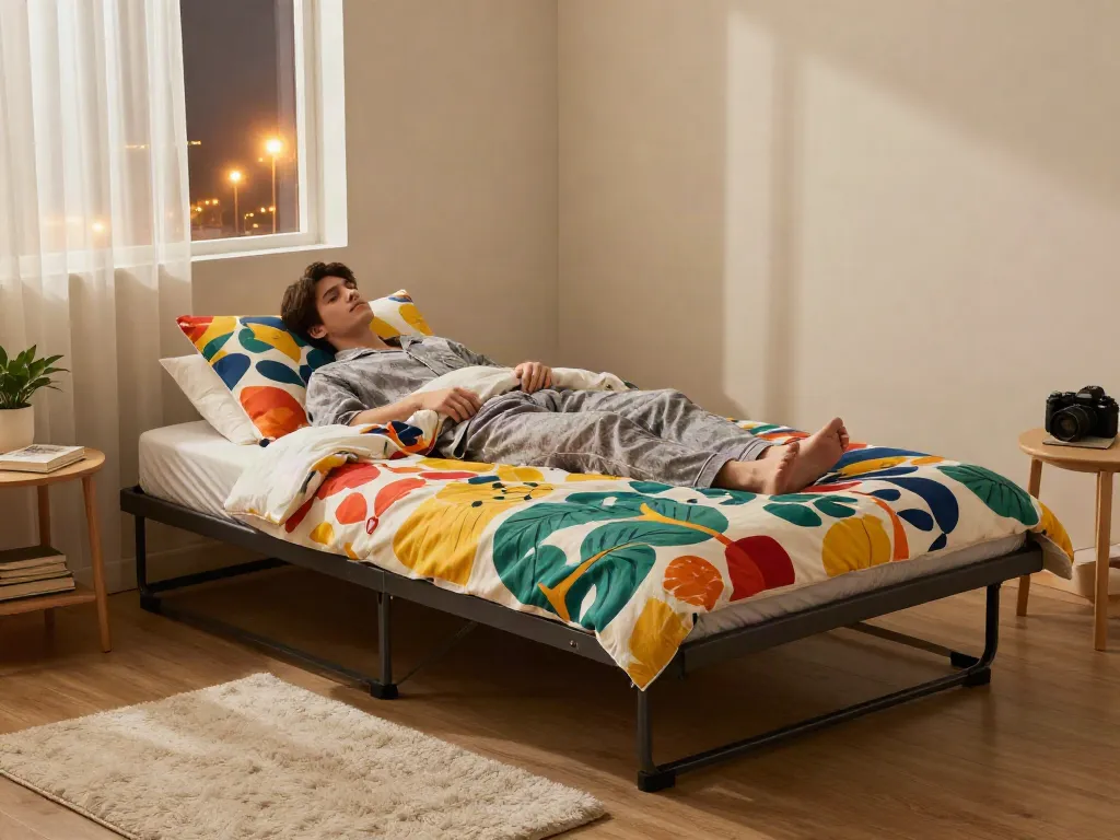 Relaxing bedroom showcasing the price of folding beds with stylish bedding and ambient lighting.