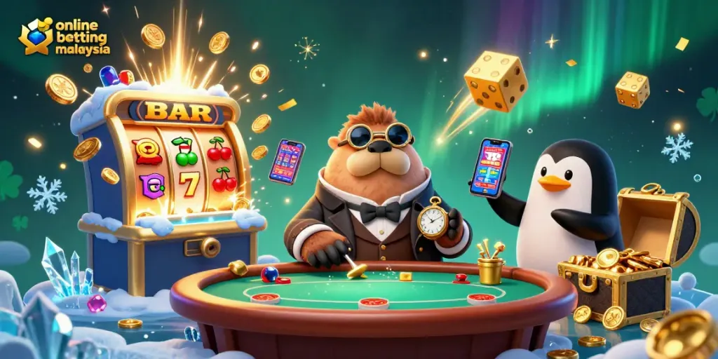 Join the exciting action of online betting Malaysia with vibrant casino elements in a fun 3D scene.