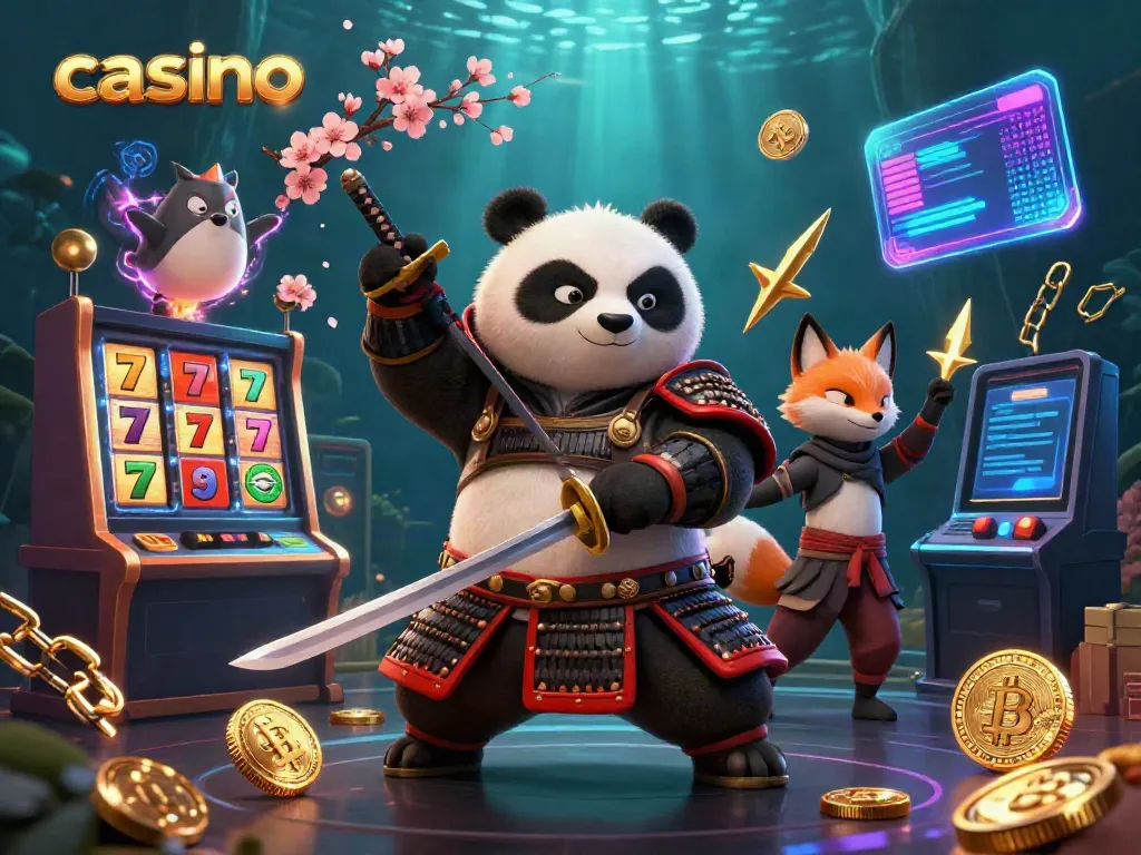 Engaging casino scene featuring a panda warrior and fox ninja amidst vibrant slots and crypto coins.