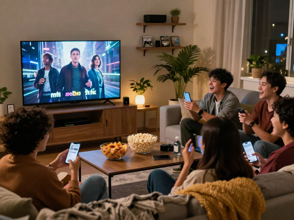 Friends enjoying a Moviebox movie night in a cozy living room