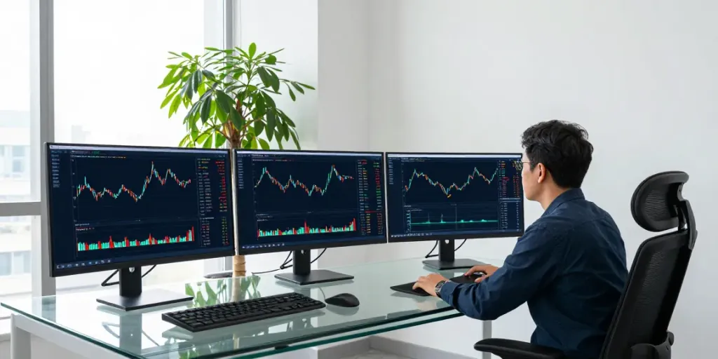 Real-time financial data API analysis in a professional crypto trading workspace with dynamic market visuals.
