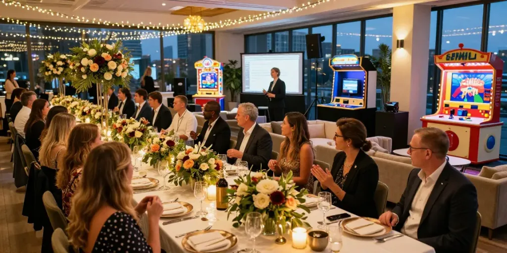 Event rentals showcased at a glamorous evening gala with guests enjoying luxurious decor and interactive experiences.
