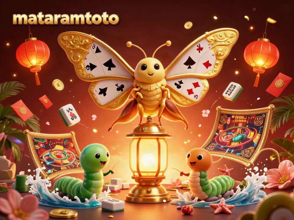 Engage with the adventurous casino world of MataramToto, featuring a vibrant golden moth showcasing playing cards.