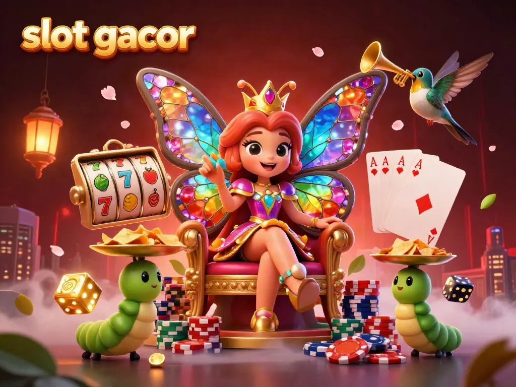Engage with slot gacor-themed artwork featuring a butterfly queen and vibrant casino elements.