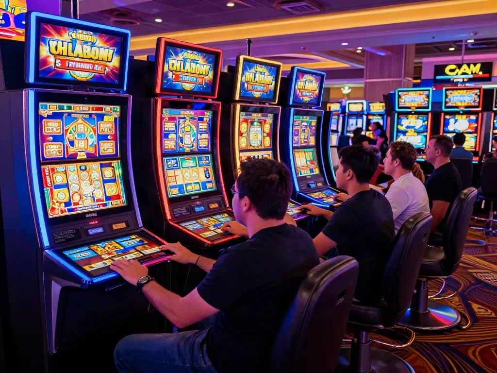 Exciting slot machine gaming scene with players enjoyingสล็อต, neon lights, and vibrant atmosphere.