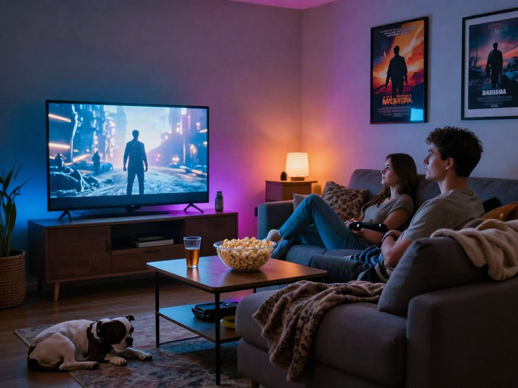 A couple enjoying a movie night at home with Moviebox streaming, cozy ambiance, and popcorn.