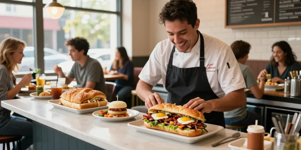 Best breakfast Austin scene showcasing delicious NYC-inspired breakfast sandwiches with vibrant ingredients in a busy café.