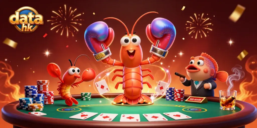 Menyajikan data hk yang beragam dengan karakter kartun udang mantis 3D sedang bertarung di meja poker bertumpuk chip.