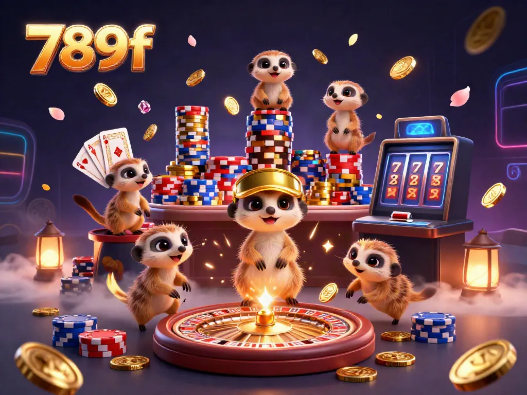Meerkats in a vibrant casino scene showcasing various games and rich winning opportunities at 789f.