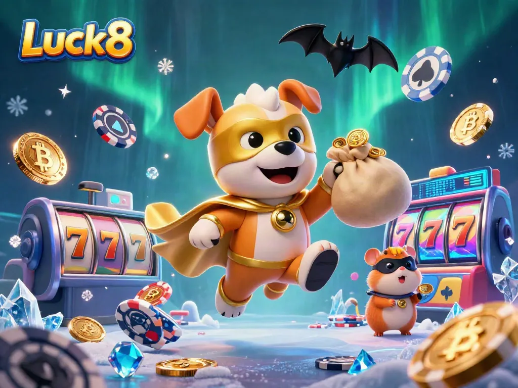 Experience the thrill of Luck8, featuring a superhero dog and hamster amidst vibrant casino elements.