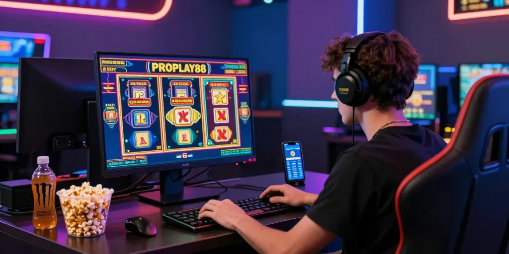 Engaged player enjoying proplay88 online slots with vibrant game graphics and immersive atmosphere.