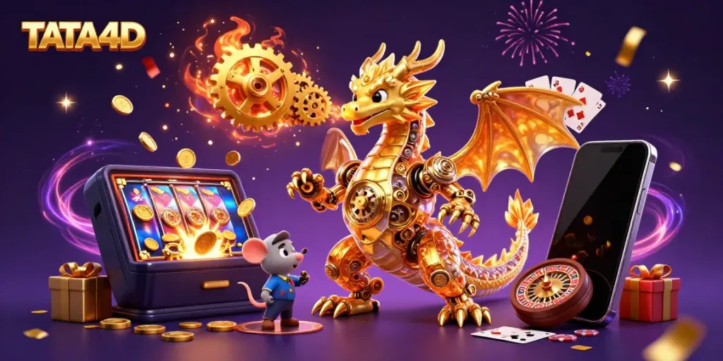 TATA4D engages players with a vibrant casino scene featuring a golden dragon and gaming elements.