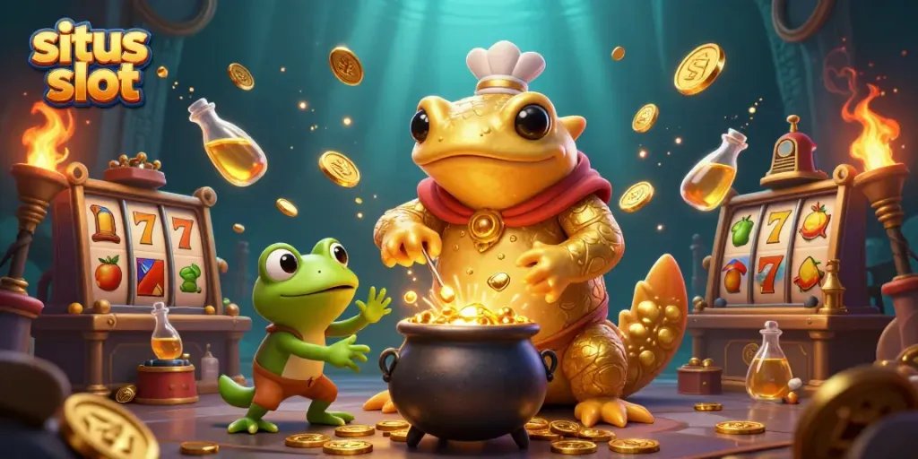 Engage with situs slot at this dynamic scene featuring golden alchemists and lively slot elements.