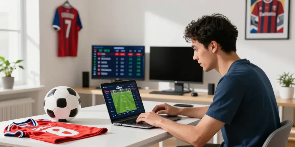 Engaged bettor analyzing statistics on WWBOLA sports betting platform in a vibrant home office.