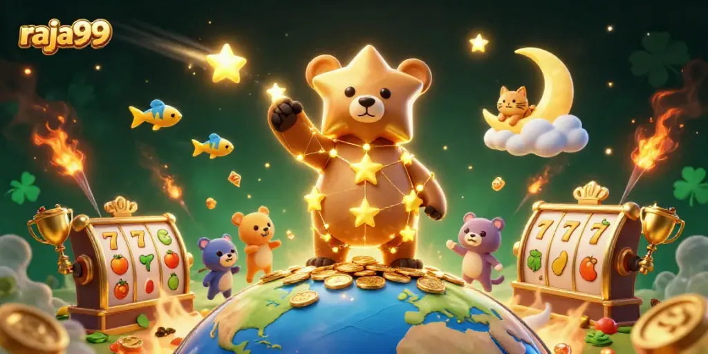 Experience the thrill of raja99 with a vibrant 3D casino illustration featuring a constellation bear, coins, and lucky symbols.