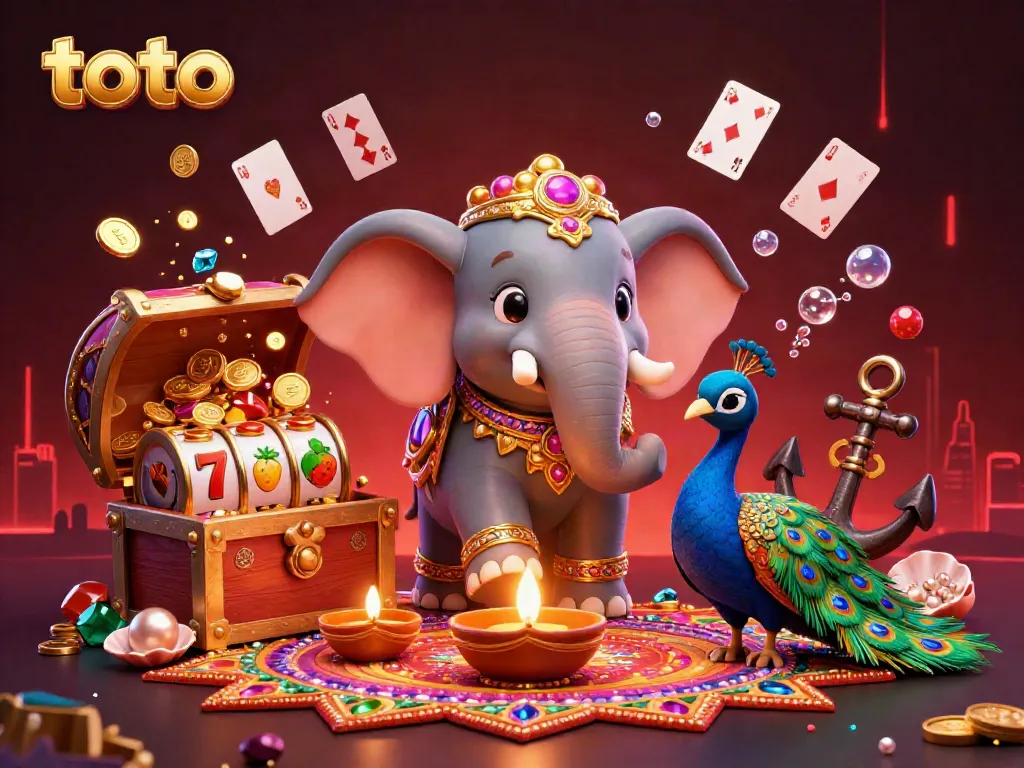 Experience thrilling toto casino action with a vibrant, festive scene showcasing a colorful elephant, peacock, and dynamic slot elements.