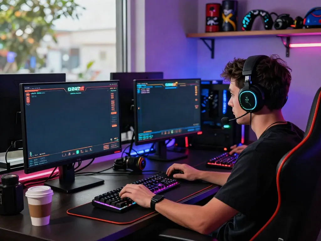 Player immersed in intense slot gacor gaming session with vibrant LED lights and a high-resolution monitor.