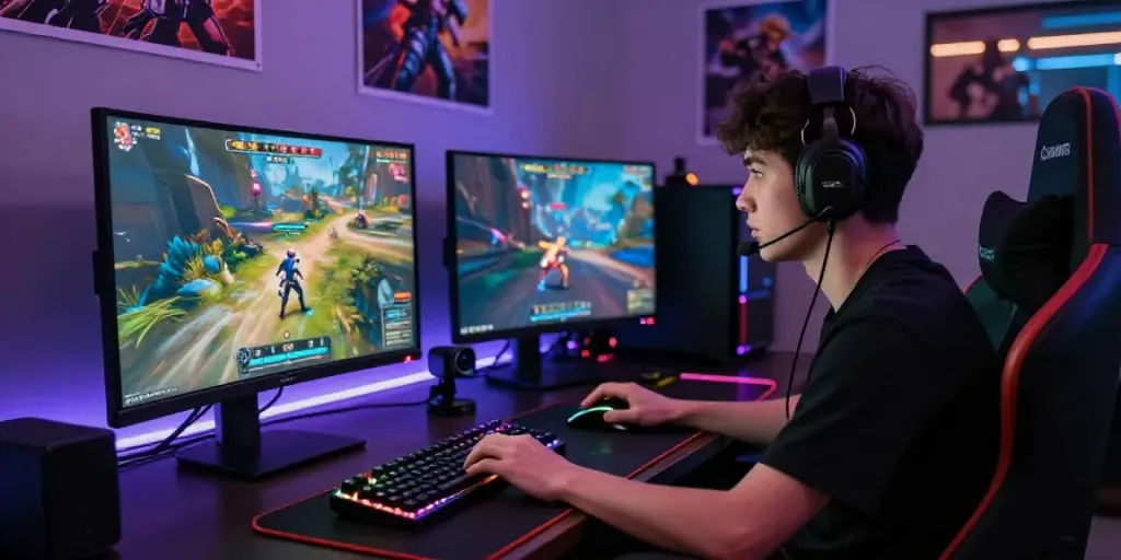 Engaged gamer using ahha4d platform with vibrant gaming setup.