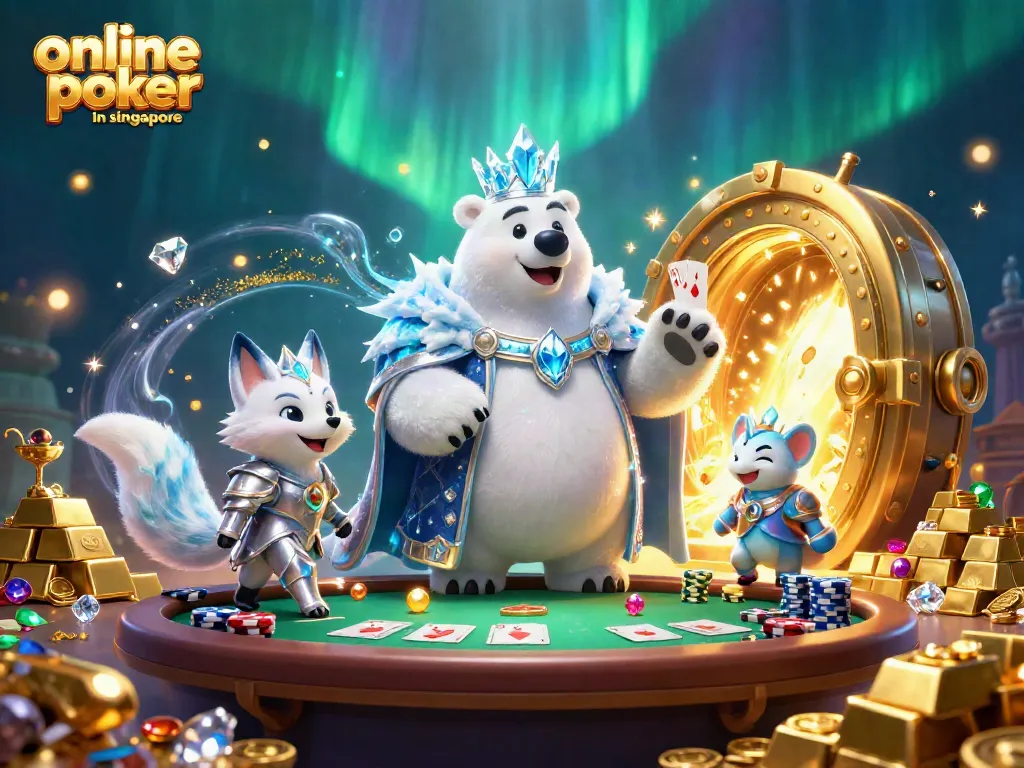Join the thrill of online poker in Singapore with a cartoon scene of winning cards and treasure, captivating energy.