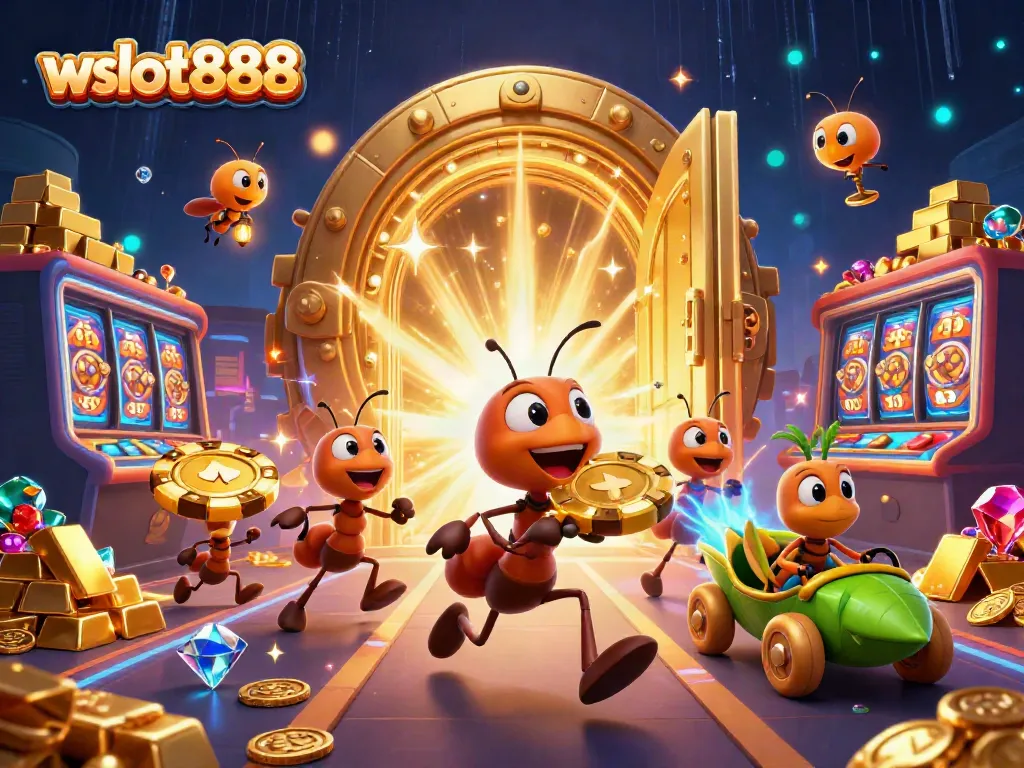 Ant-team beraksi di wslot888, membawa chip poker raksasa dengan latar kasino penuh harta karun.