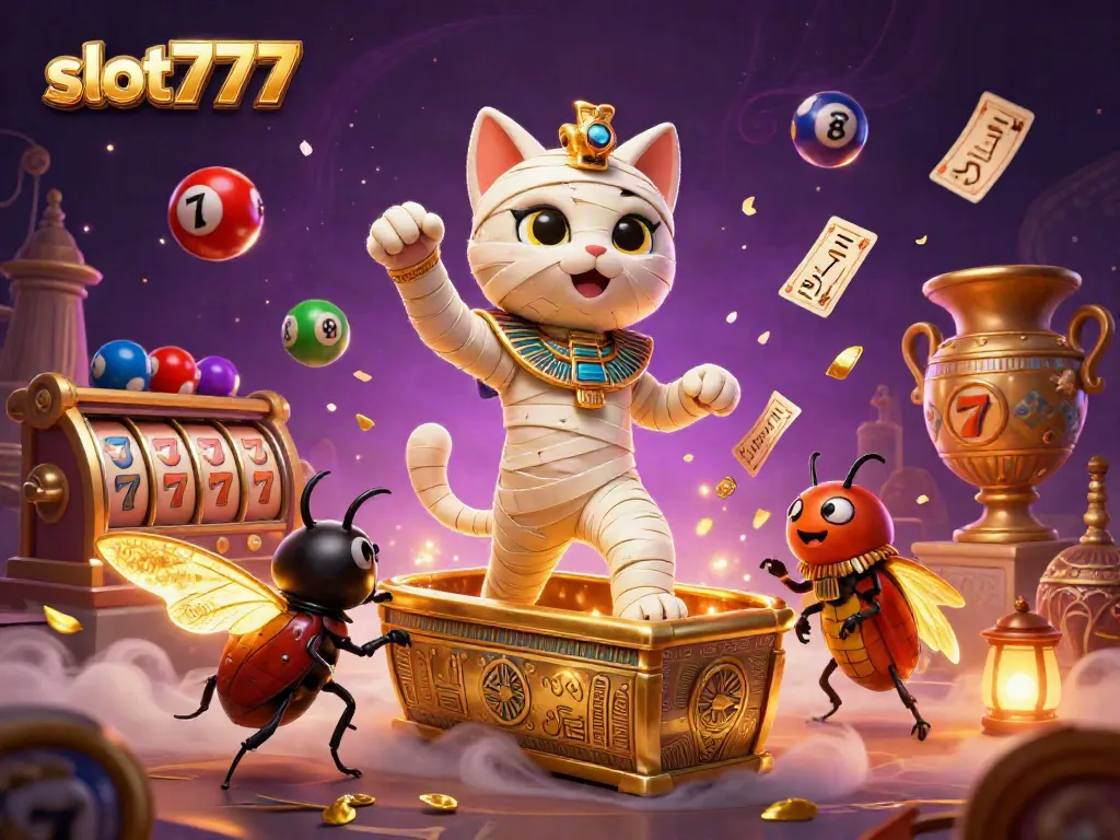 Menangkan jackpot di slot777 dengan kucing mummy 3D dan simbol keberuntungan!
