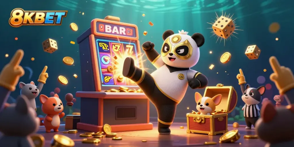 Experience 8KBET excitement as a panda wrestler kicks in a colorful casino scene.