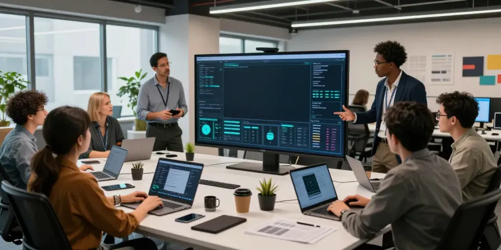 Collaboration at an ino Tec technology workspace showcasing diverse professionals and innovative gadgets