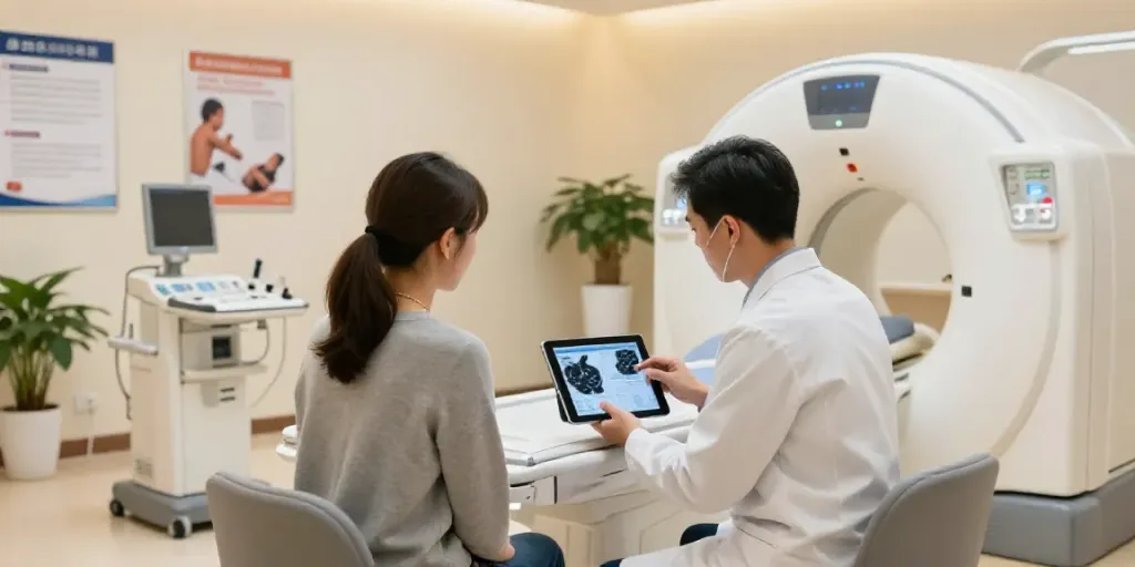Arztgespräch über röntgenreizbestrahlung in der Nähe in einem modernen Radiologiezentrum.