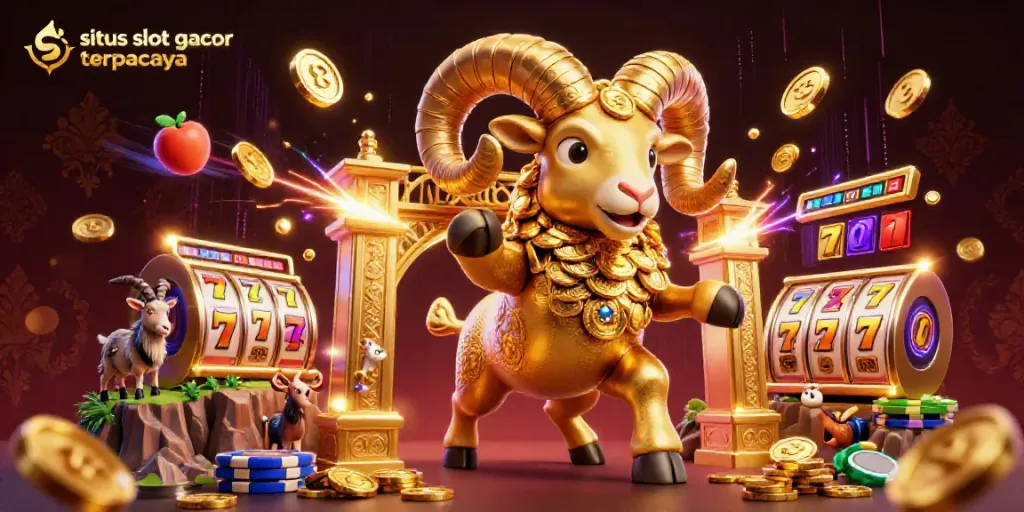 Engage with situs slot gacor terpercaya featuring a golden ram charging through a vibrant casino scene.