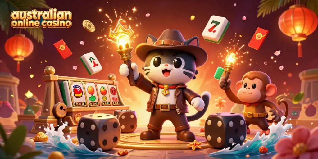 Enchanting scene depicting an australian online casino theme with an explorer cat and monkey amid golden artifacts.