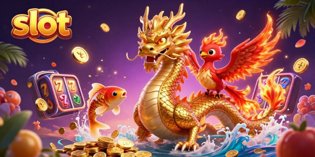 Engage with immersive slot-themed illustration featuring a majestic dragon, phoenix, and koi fish amidst golden coins.