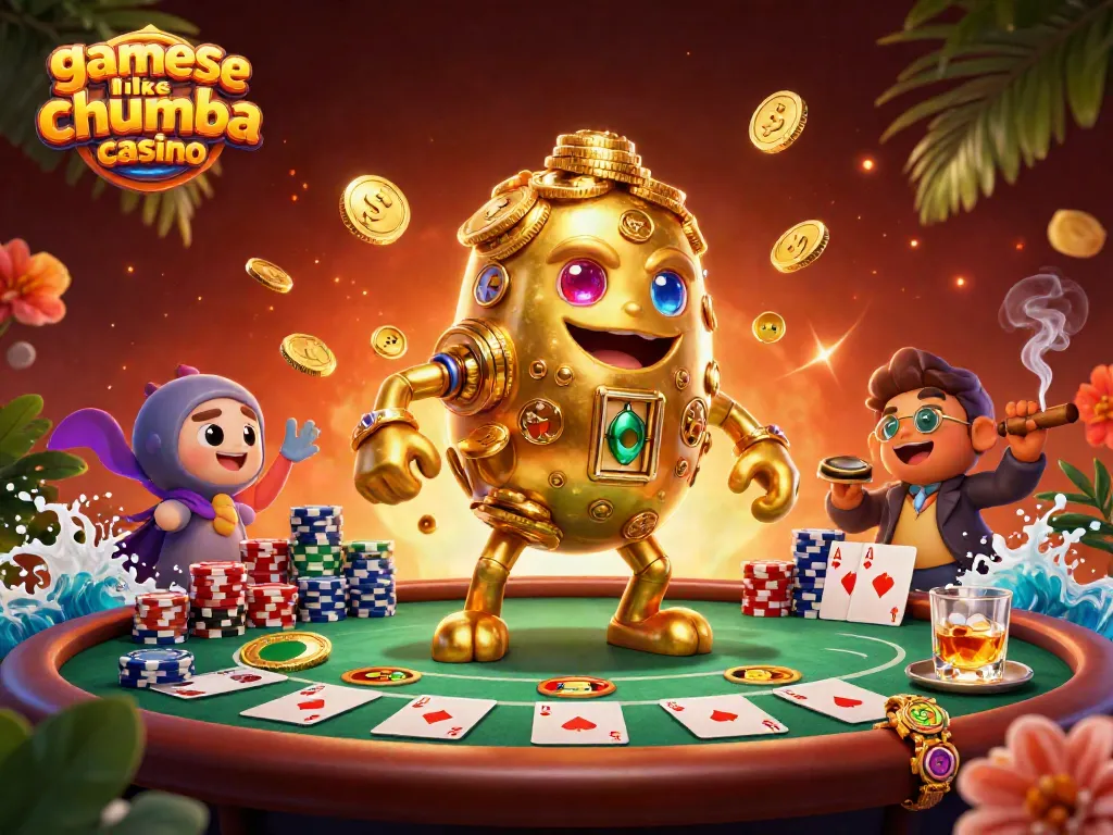 Engage in games like Chumba Casino with a dynamic scene featuring a golden golem and poker elements.