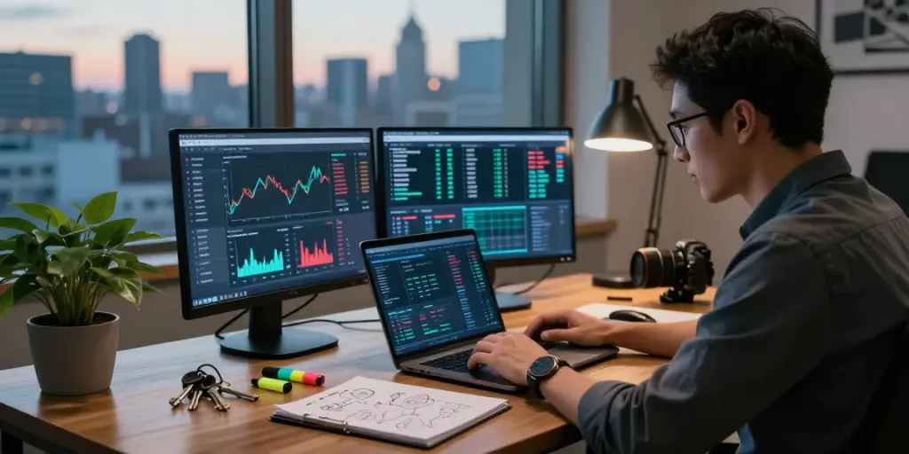 Cryptocurrency tracing analyst examining blockchain data in a modern office