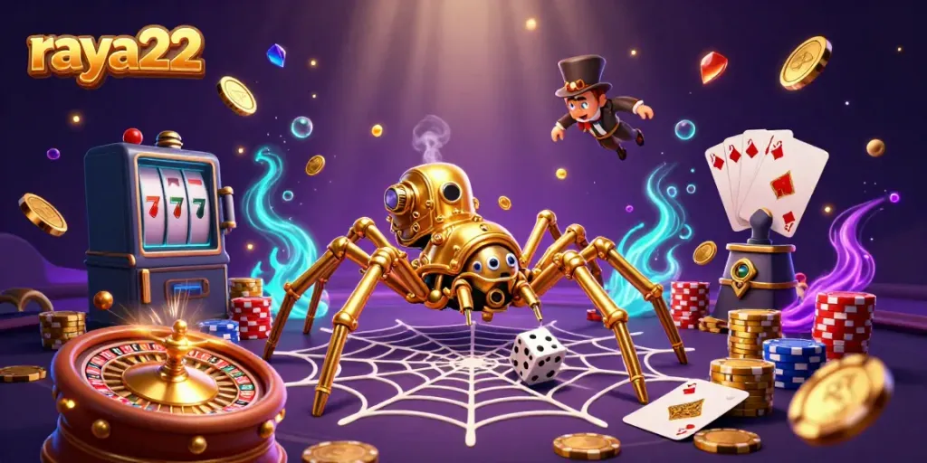Penggambaran 3D raya22 dengan laba-laba steampunk emas dan permainan kasino yang menarik
