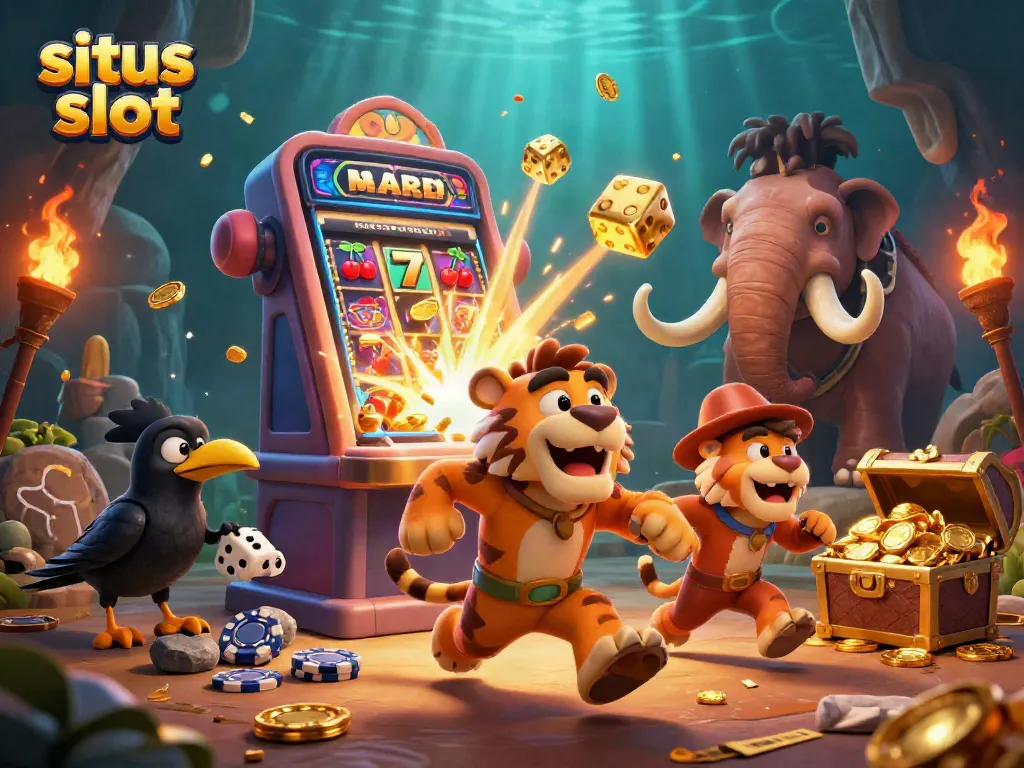 Situs slot features a caveman and sabertooth tiger running a casino with exploding jackpots and colorful symbols.
