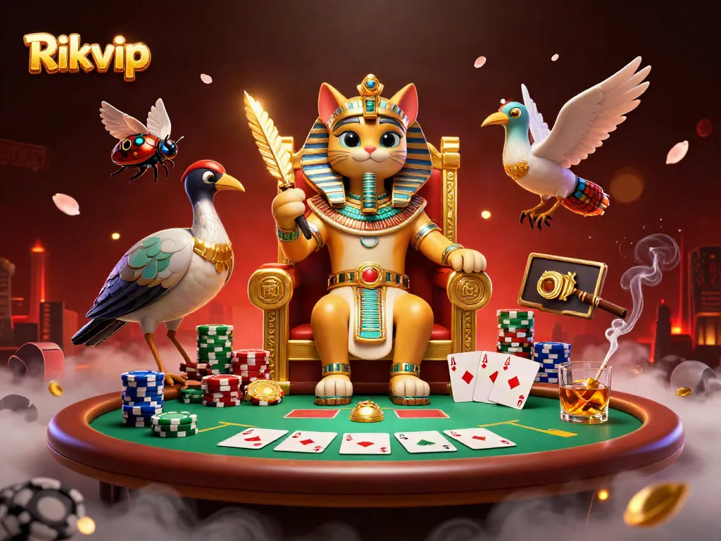 Experience the vibrant energy of Rikvip's casino world through this dynamic 3D scene featuring a rich poker setup.