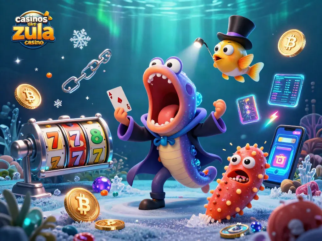 Engage with casinos like Zula Casino in this magical underwater scene featuring unique characters and vibrant casino elements.