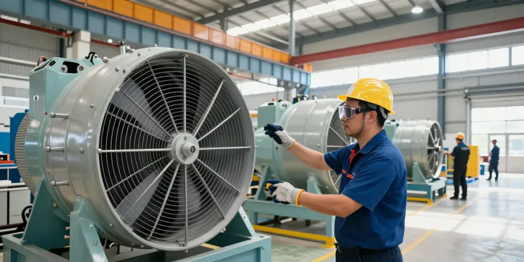 Quạt công nghiệp hoạt động trong nhà kho lớn với kỹ thuật viên và thiết bị bảo hộ.