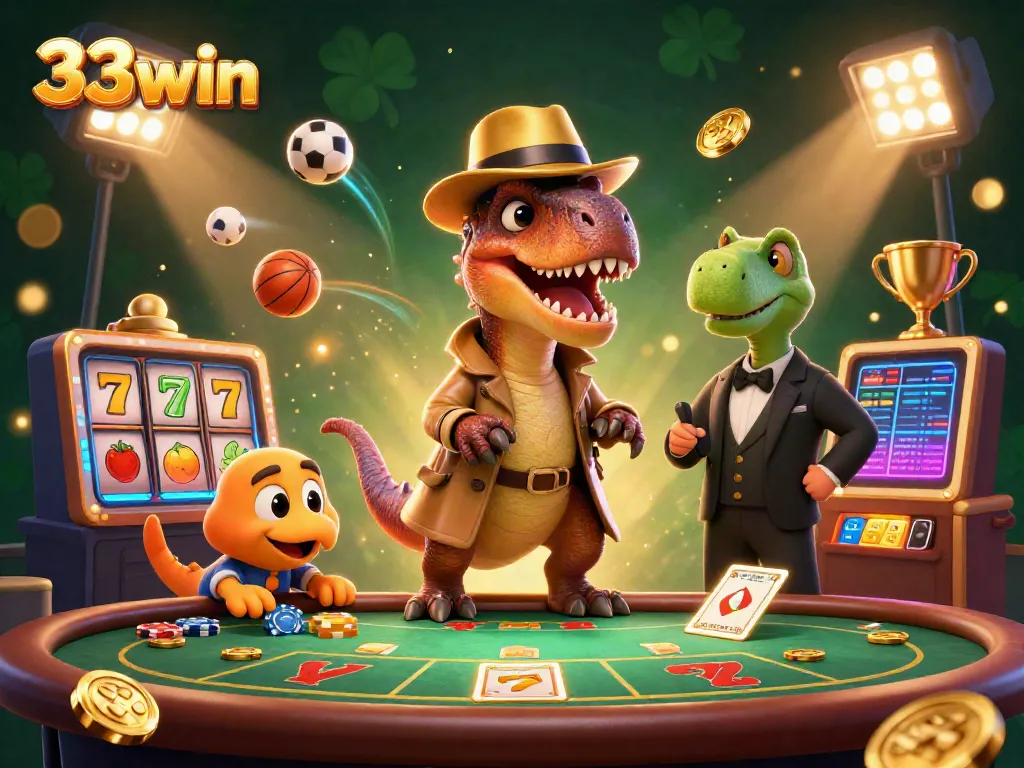 33win velociraptor card counter surrounded by lively slot elements and sports imagery in an engaging casino scene