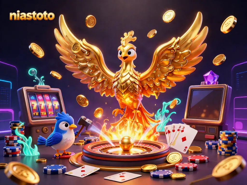 NIASTOTO showcases a molten golden phoenix amidst vibrant casino elements, celebrating gaming excitement.