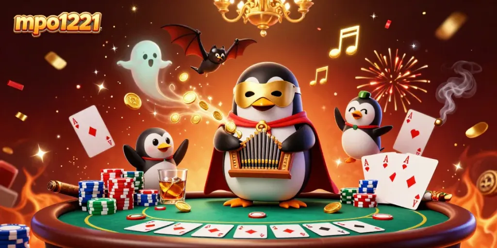 Experience thrilling action with mpo1221 as a penguin and bat create a vibrant casino scene.