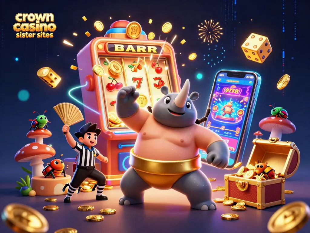 Experience excitement at crown coins casino sister sites with a vibrant 3D illustration showcasing slot action and festive energy.