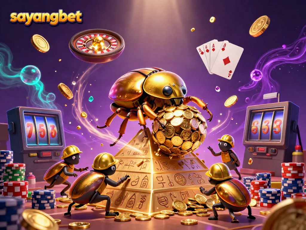 Experience the thrill of sayangbet as a massive golden dung beetle rolls coins at a spectacular casino.