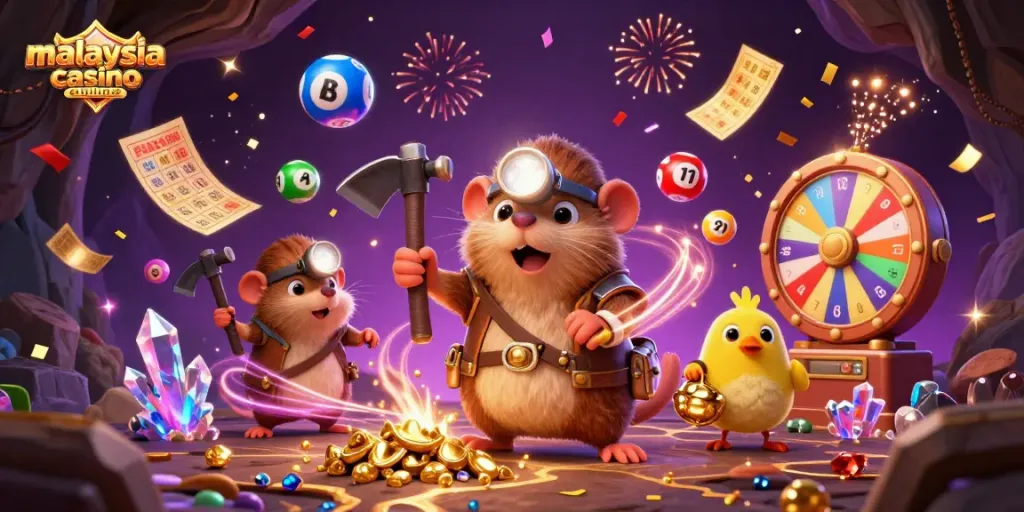 Engage in vibrant malaysia casino online action with dynamic lottery elements and a treasure hunter scene.