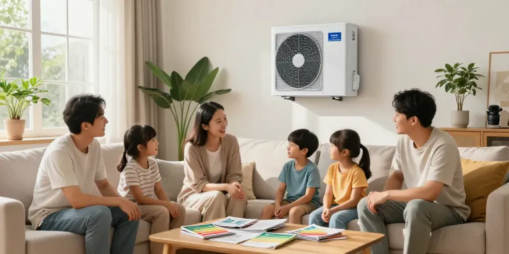 Heat Pumps & Gas Heater Replacement discussed in a cozy living room with a modern heat pump system.